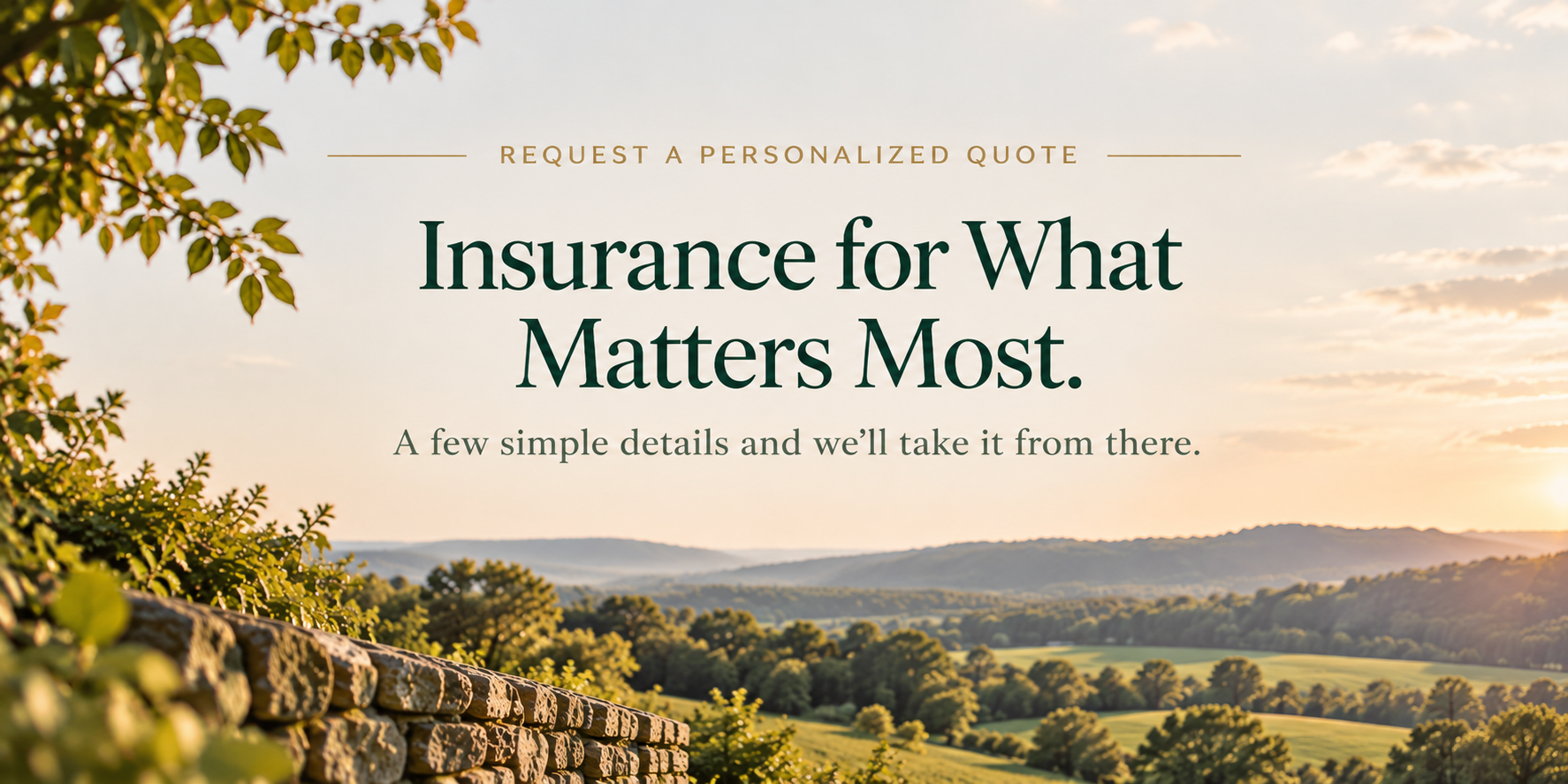 A landscape view during sunset with rolling hills and trees, overlaid with text about insurance quotes.