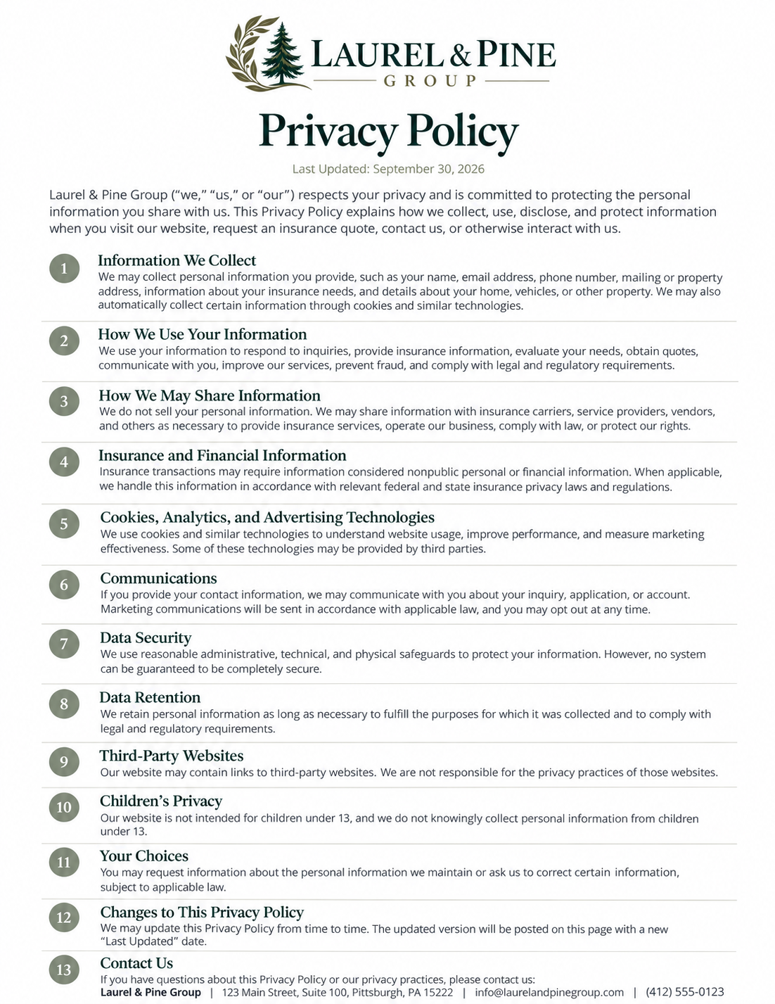 Laurel & Pine Group privacy policy document with company logo at top, detailed policy points with numbered sections, and contact information at the bottom.