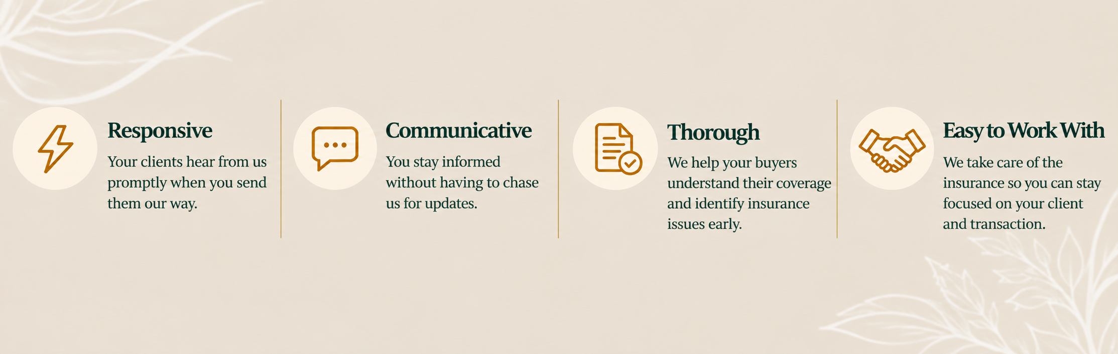 Closing Concierge benefits for Realtors: responsive service, clear communication, thorough insurance guidance, and an easy partner experience.