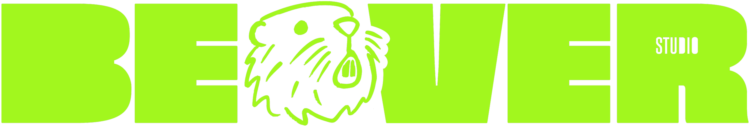 Beaver Studios fabulous bright green logo in a chunky font. The letter A has been replaced with an outline of the beaver illustration used elsewhere across the website.