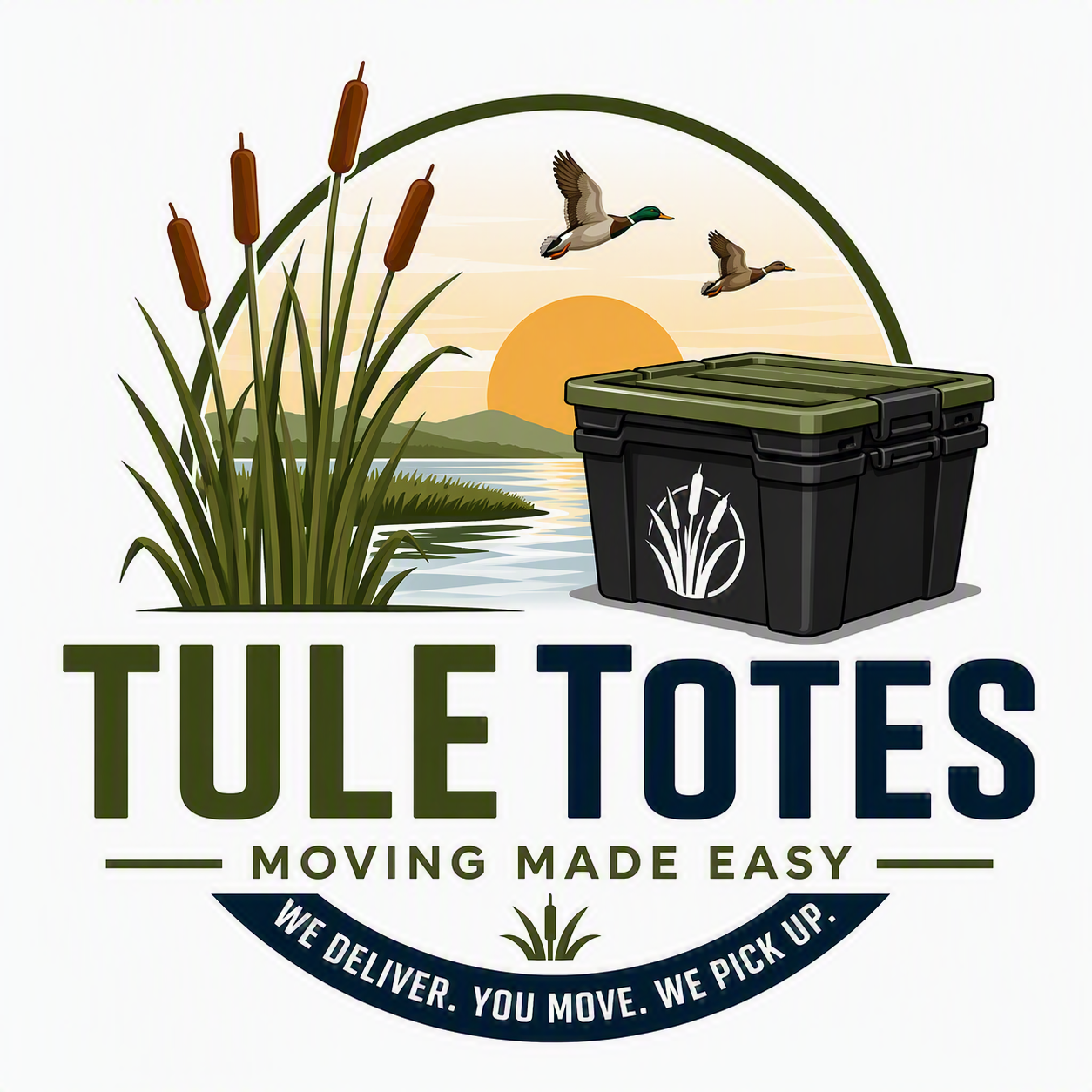 Logo for Tulle Totes featuring a scenic lake sunrise, cattails, and flying ducks, with the tagline 'Moving Made Easy' and the slogan 'We deliver. You move. We pick up.'.