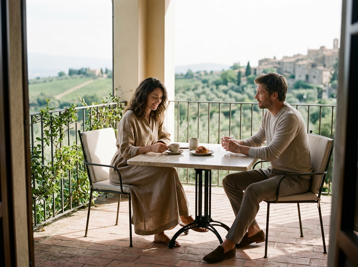A man and woman sitting at a small table on a balcony with a scenic landscape view, having coffee and croissants.