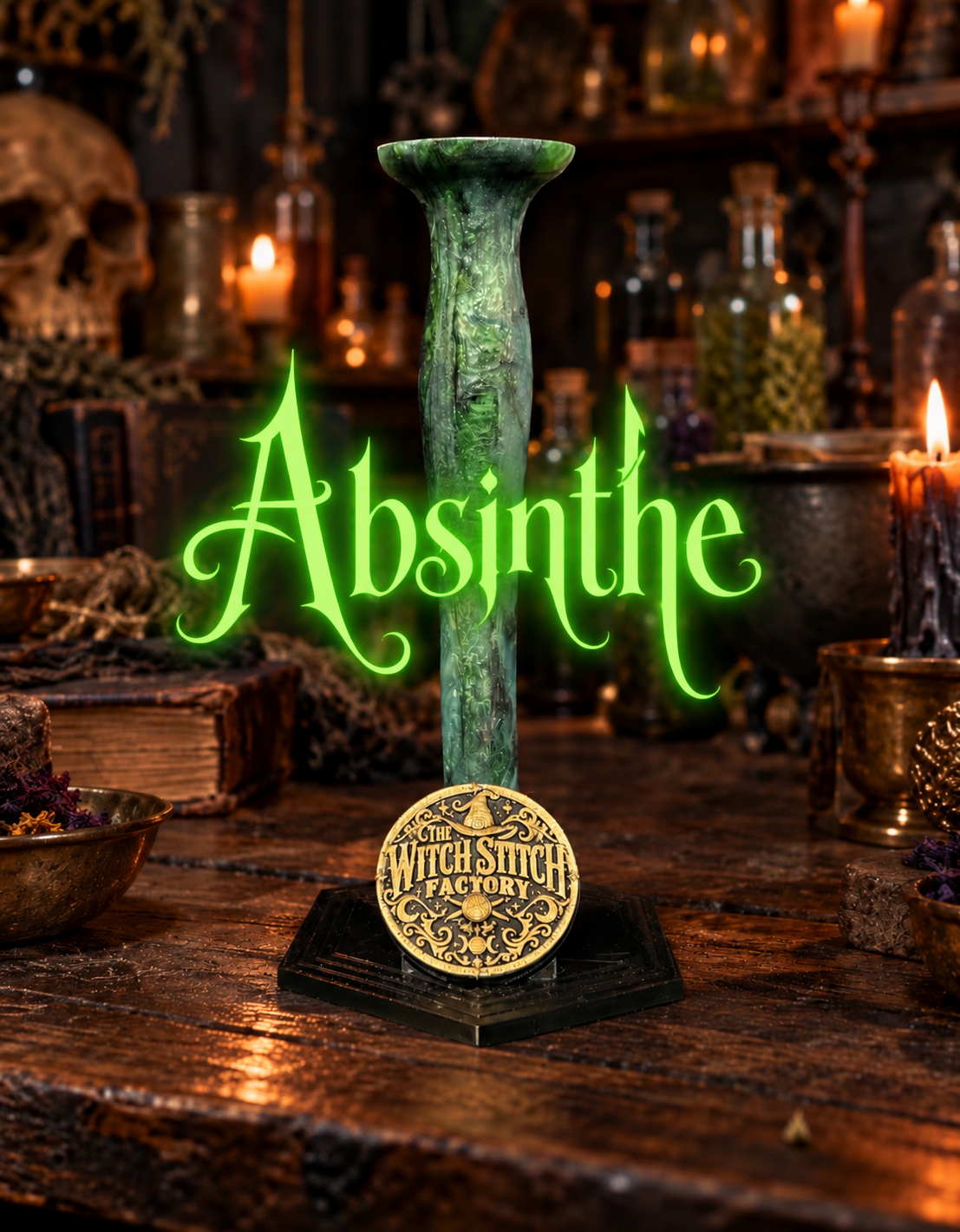 A green, marbled, glass dagger-shaped object with the word "Absinthe" glowing in green letters in front of a dark, mystical setting with candles, ancient books, and mystical objects.
