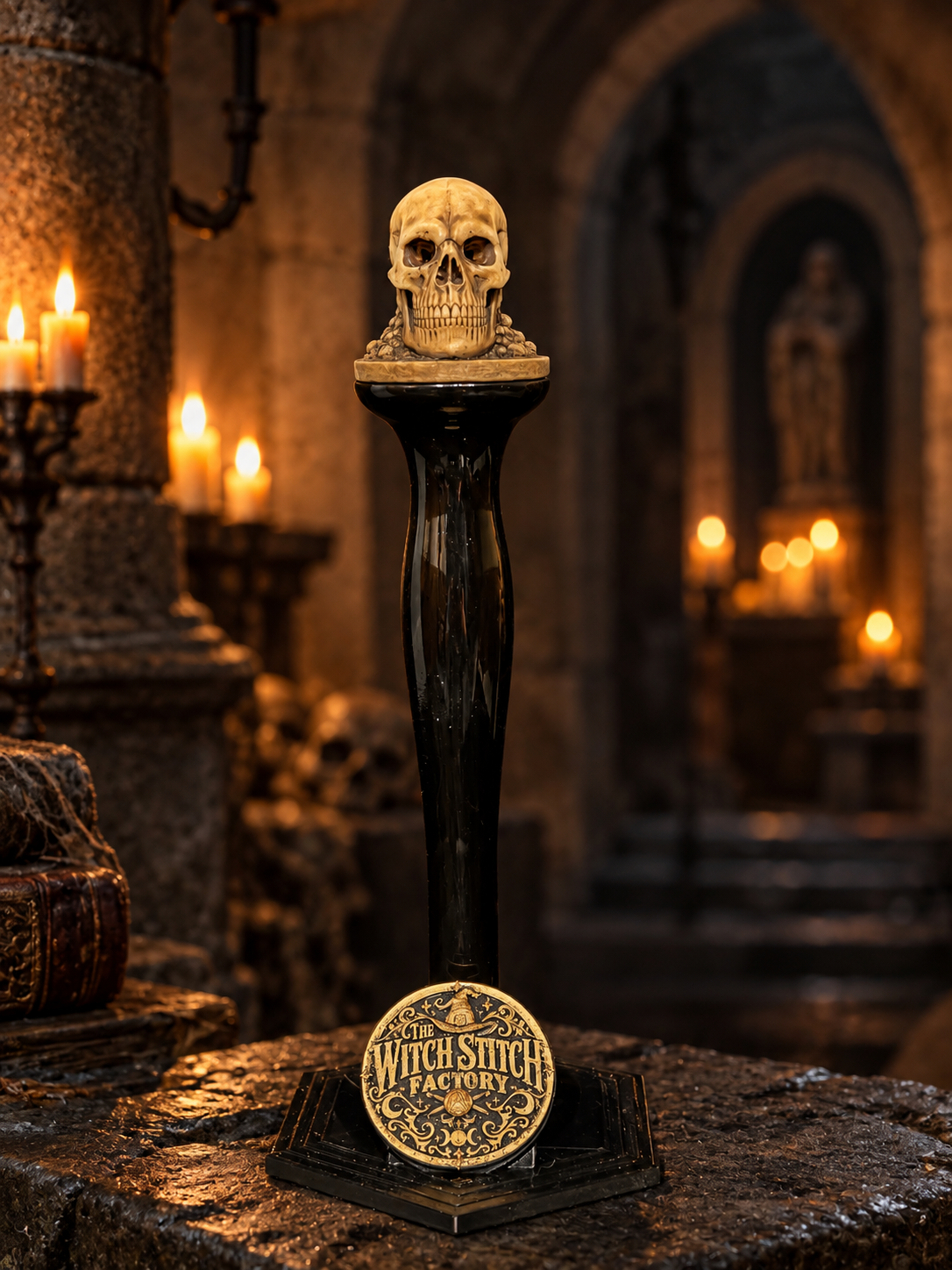 A skull sculpture on a black stand inside a dimly lit, gothic-style room with candles.