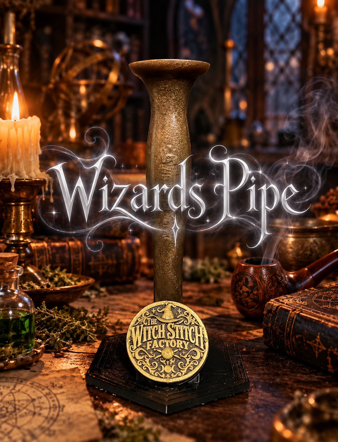 A wizard's pipe with a round medallion reading 'The Witch Stitch Factory', set on a wooden table surrounded by books, candles, and potion bottles in a mystical, wizard-themed setting.