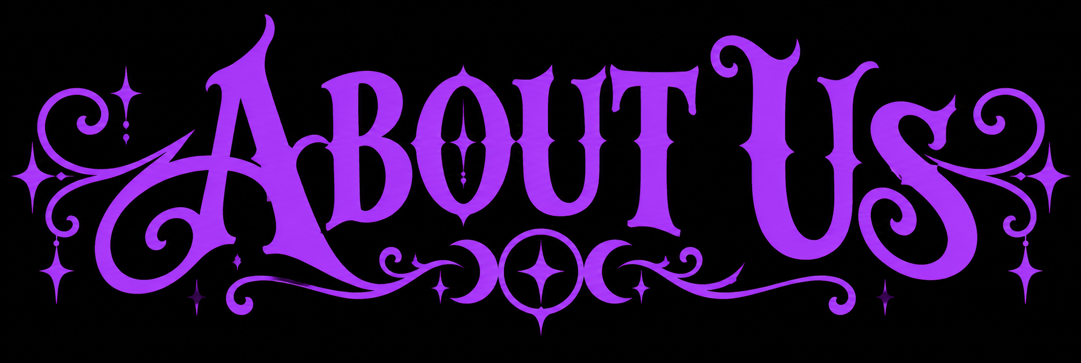The word 'ABOUT US' written in purple, ornate, decorative font with swirls and star-shaped accents on a black background.