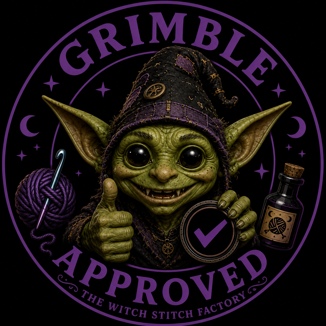 A cute, CGI-style goblin with large eyes, green skin, and elf ears, wearing a black and purple witch hat. The goblin holds a magic coin with a purple check mark and gestures with a thumb up. To the goblin's left is a purple yarn ball with a crochet hook. To the right is a small potion bottle with a label of a magic motif. The background features a circular logo with the words 'Grimbly Approved' and 'The Witch Stitch Factory' in purple text, decorated with stars, moons, and a witch's hat symbol.