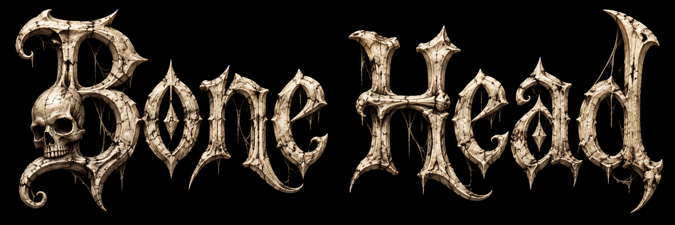 Text reading 'Baldachim' made of bone-like material, with skull and spider web details on a black background.