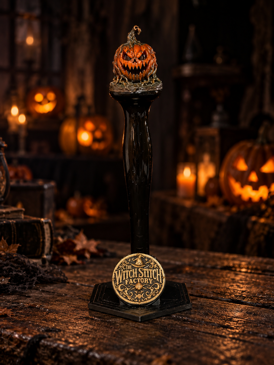 Decorative Halloween pumpkin with a sinister face on top of a black stand, surrounded by lit candles and carved pumpkins in a dark, spooky setting.
