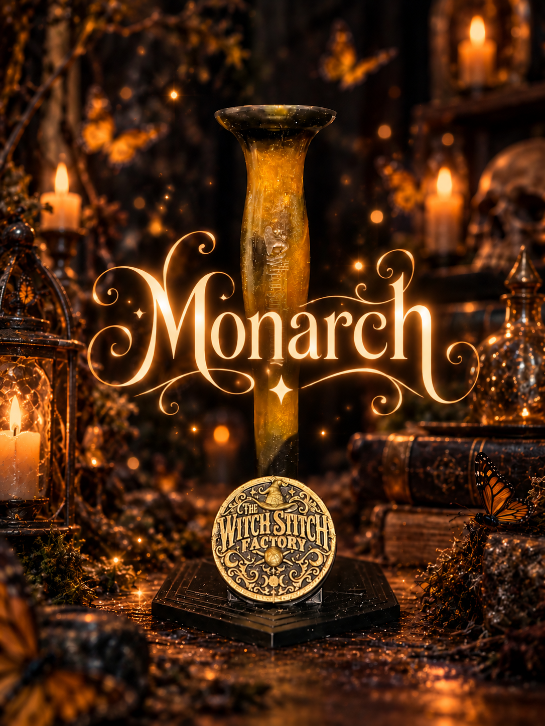 A decorative collectible item called 'Monarch' with bright, glowing letters, surrounded by candles, books, and fairy lights in a dark, enchanted setting.