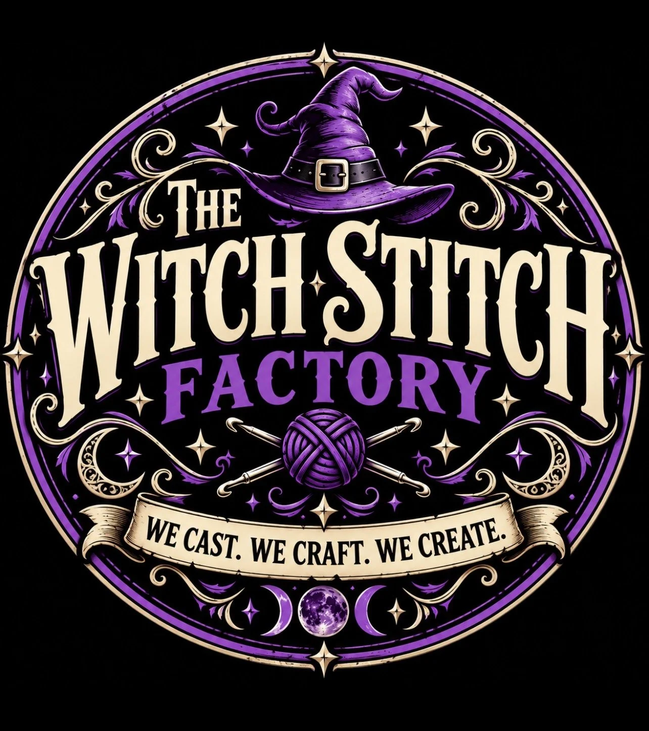 A circular logo for The Witchsitch Factory decorated with a purple witch's hat, stars, scrolls, a ball of yarn, knitting needles, and phases of the moon. Text reads 'We cast, we craft, we create.'