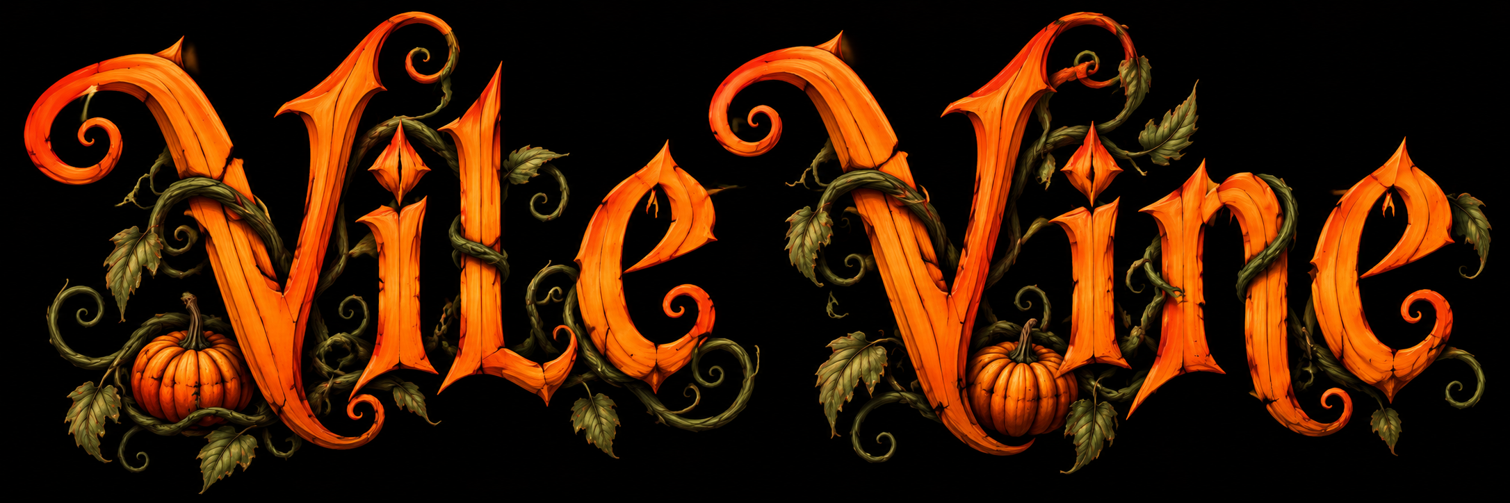 Decorative Halloween-themed sign spelling 'Halloween' in orange, with pumpkins, vines, and leaves on a black background.
