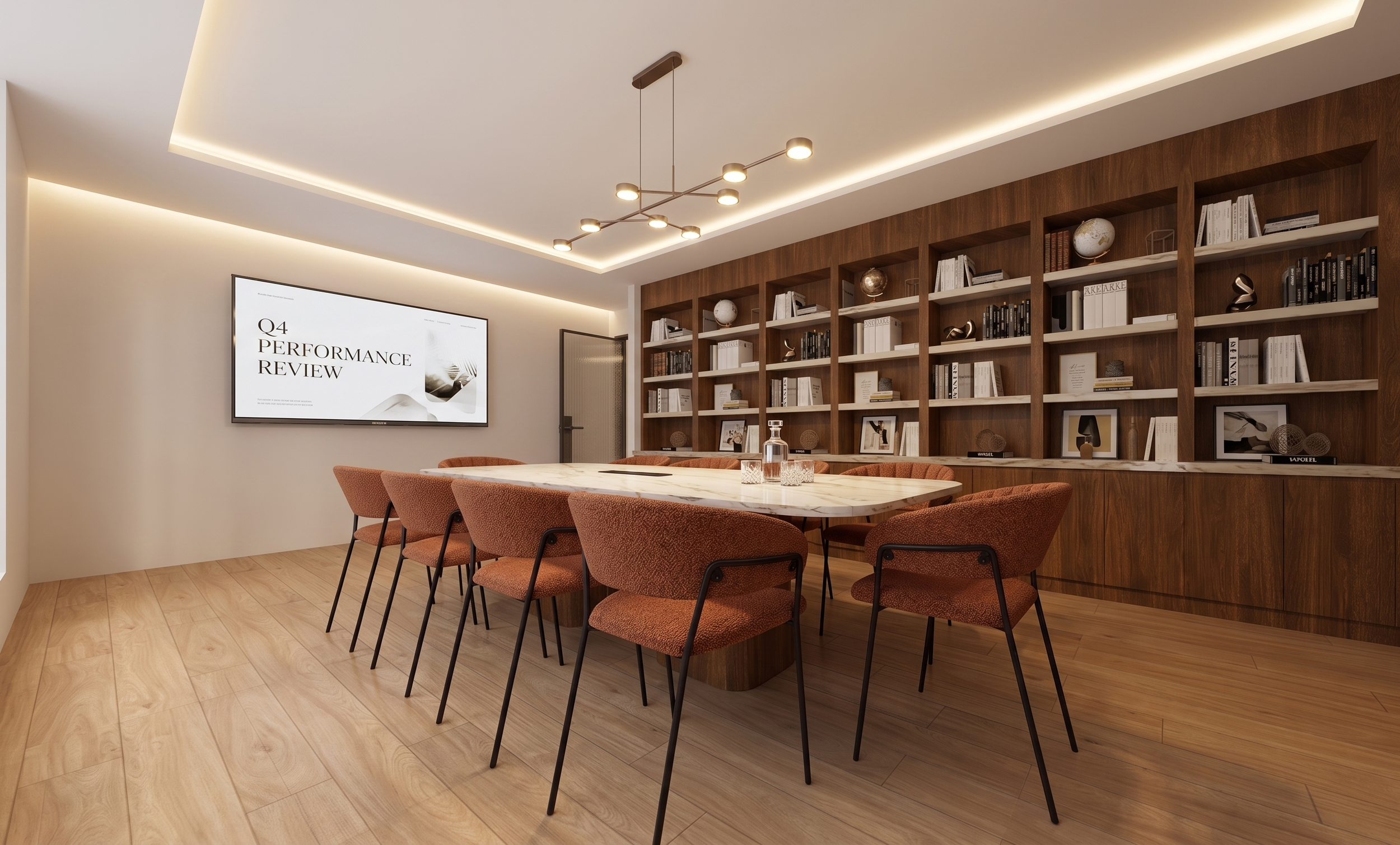 Sala de reunião com mesa de mármore, cadeiras de tecido coral, prateleira de madeira com livros e objetos decorativos, luminária moderna no teto, parede com tela de apresentação, chão de madeira clara.
