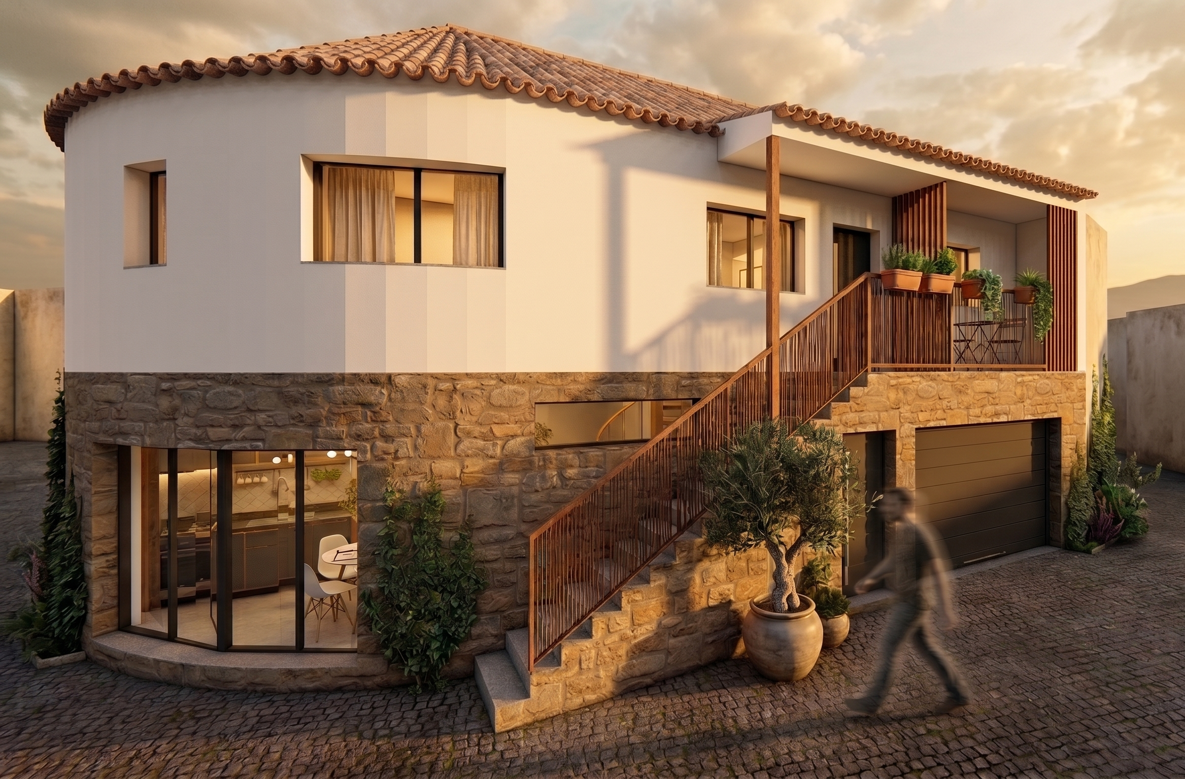 Prédio residencial moderno com fachada de pedra e paredes brancas, varanda com plantas e cadeiras, escada externa com guarda-corpo de madeira e telhado de telhas cerâmicas. Há uma pessoa passando na frente e uma outra pessoa no interior visível pela janela.