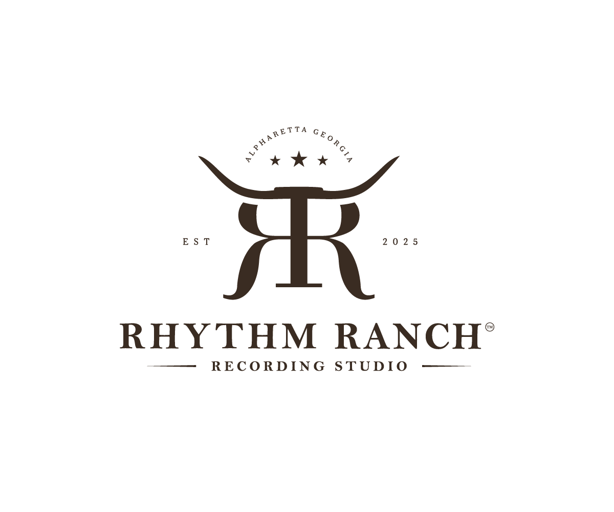 Logo of Rhythm Ranch Recording Studio with a stylized horned animal, text indicating location in Alpharetta, Georgia, and establishment year 2025.