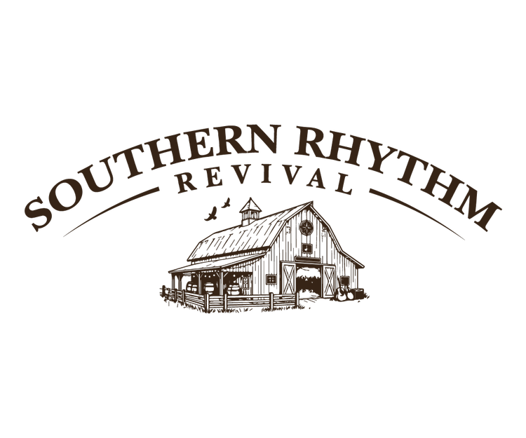 Logo for Southern Rhythm Revival featuring an illustration of a rustic barn with birds flying nearby.