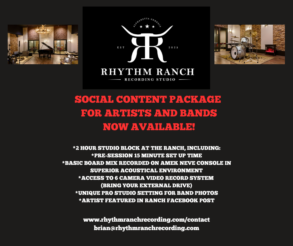 Advertisement for Rhythm Ranch Recording Studio, featuring images of the recording studio's interior with musical instruments and a logo, promoting a social media content package for artists and bands.