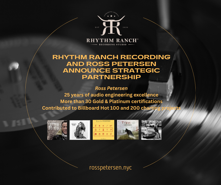 Announcement of a strategic partnership between Rhythm Ranch Recording Studio and Ross Petersen, highlighting Ross Petersen's achievements, certifications, and contributions, with album covers at the bottom and a website link rpspeteren.nyc.