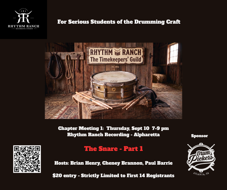 Flyer for Rhythm Ranch recording studio, promoting a drumming class about the snare drum, with event details and a QR code.