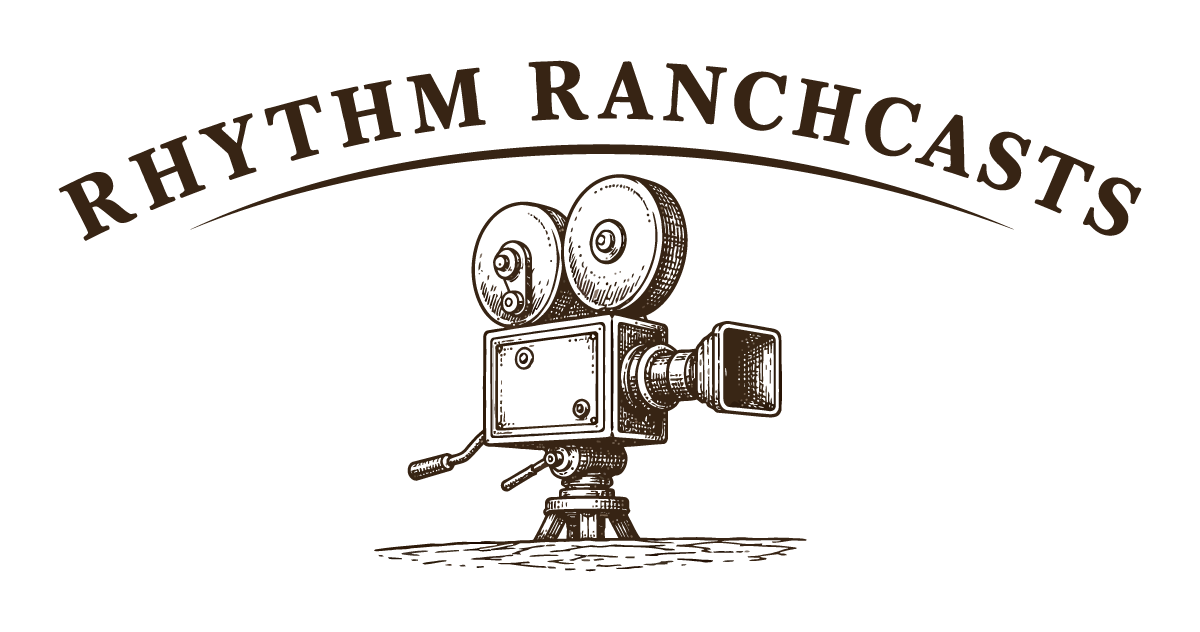Vintage film camera illustration with the text 'Rhythm Ranchcasts' arched above it.