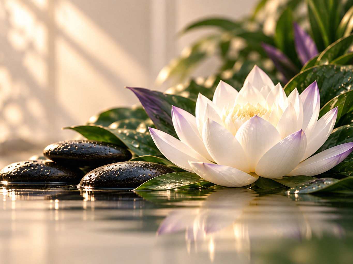 A white lotus flower floating on water next to smooth black stones and green leaves, with warm sunlight highlighting the scene.