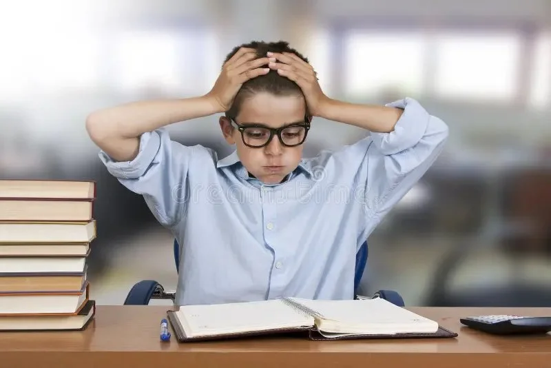 A young boy wearing glasses and a light blue shirt, sitting at a desk with a stack of books on the left, a notebook in front of him, and a calculator on the right. The boy looks stressed, with his hands on his head and a worried expression.