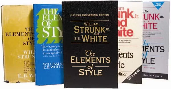 Five books placed side by side, with titles visible. The books are titled 'The Elements of Style' by William Strunk Jr. and E.B. White, with cover colors including yellow, green, black, white, and red.