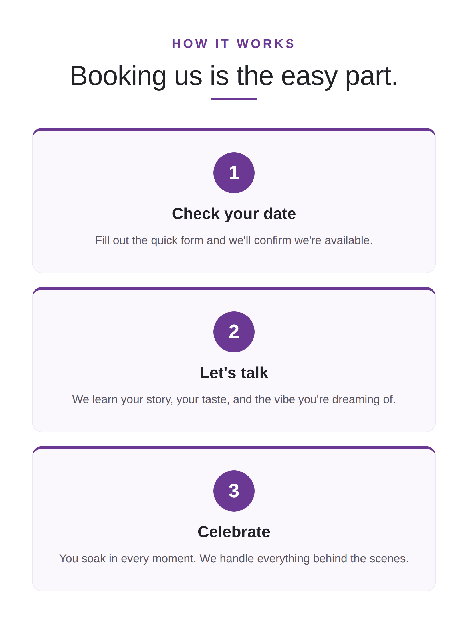 How booking NightBeat works: 1. Check your date, 2. Let's talk, 3. Celebrate