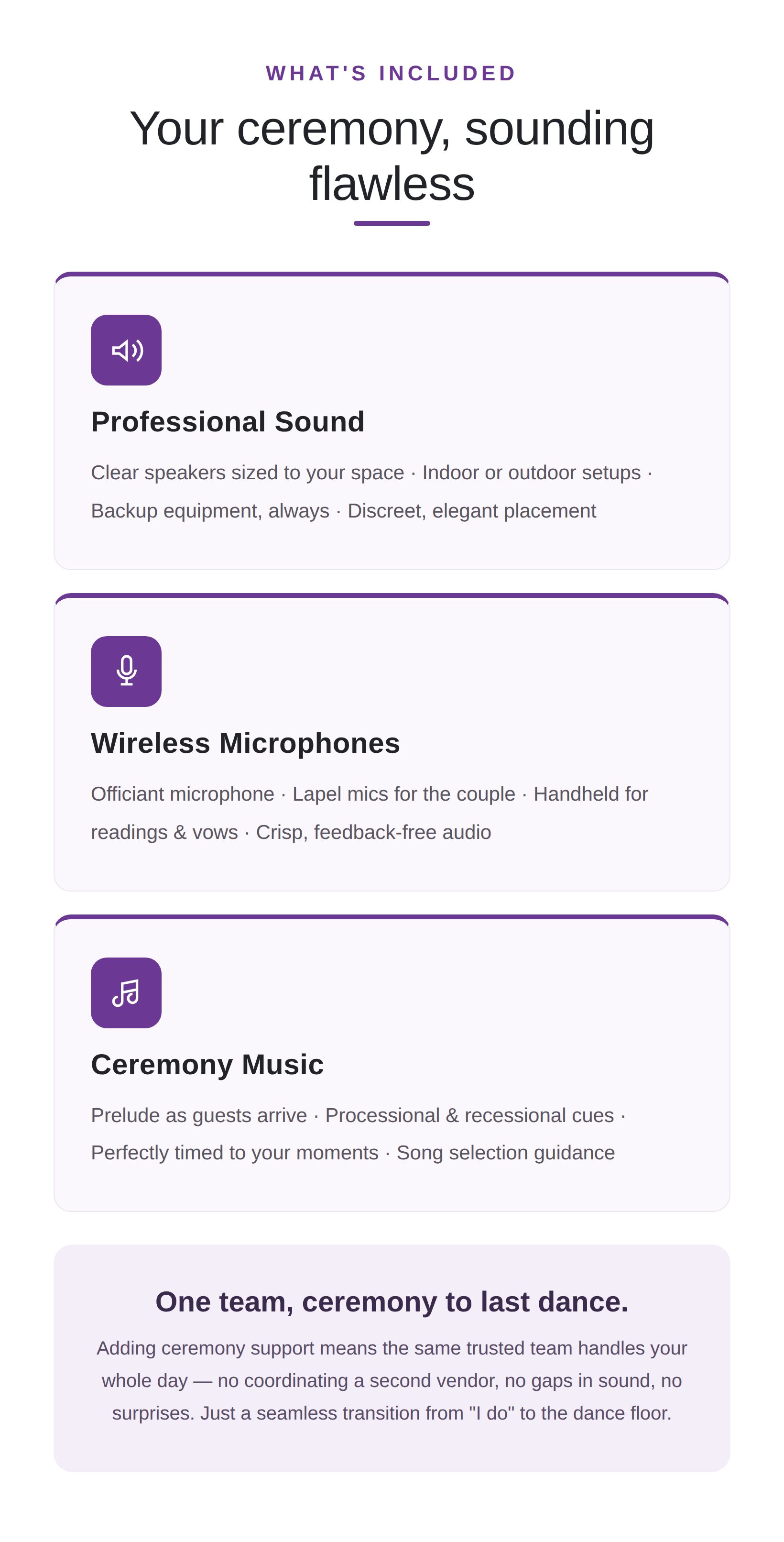 What NightBeat ceremony support includes: professional sound, wireless microphones for the officiant and readers, and ceremony music cued at the right moments