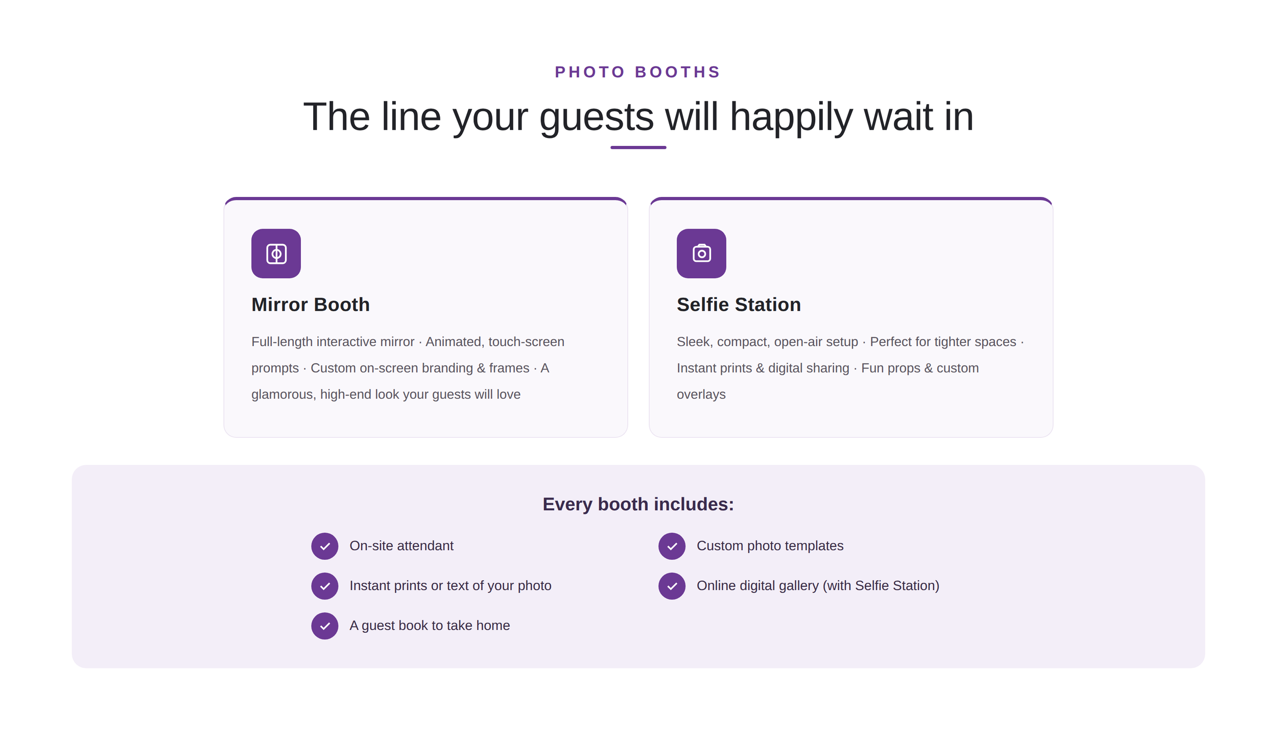 NightBeat photo booths: the Mirror Booth and the Selfie Station, each with an on-site attendant, instant prints or texts, custom templates, an online gallery and a guest book