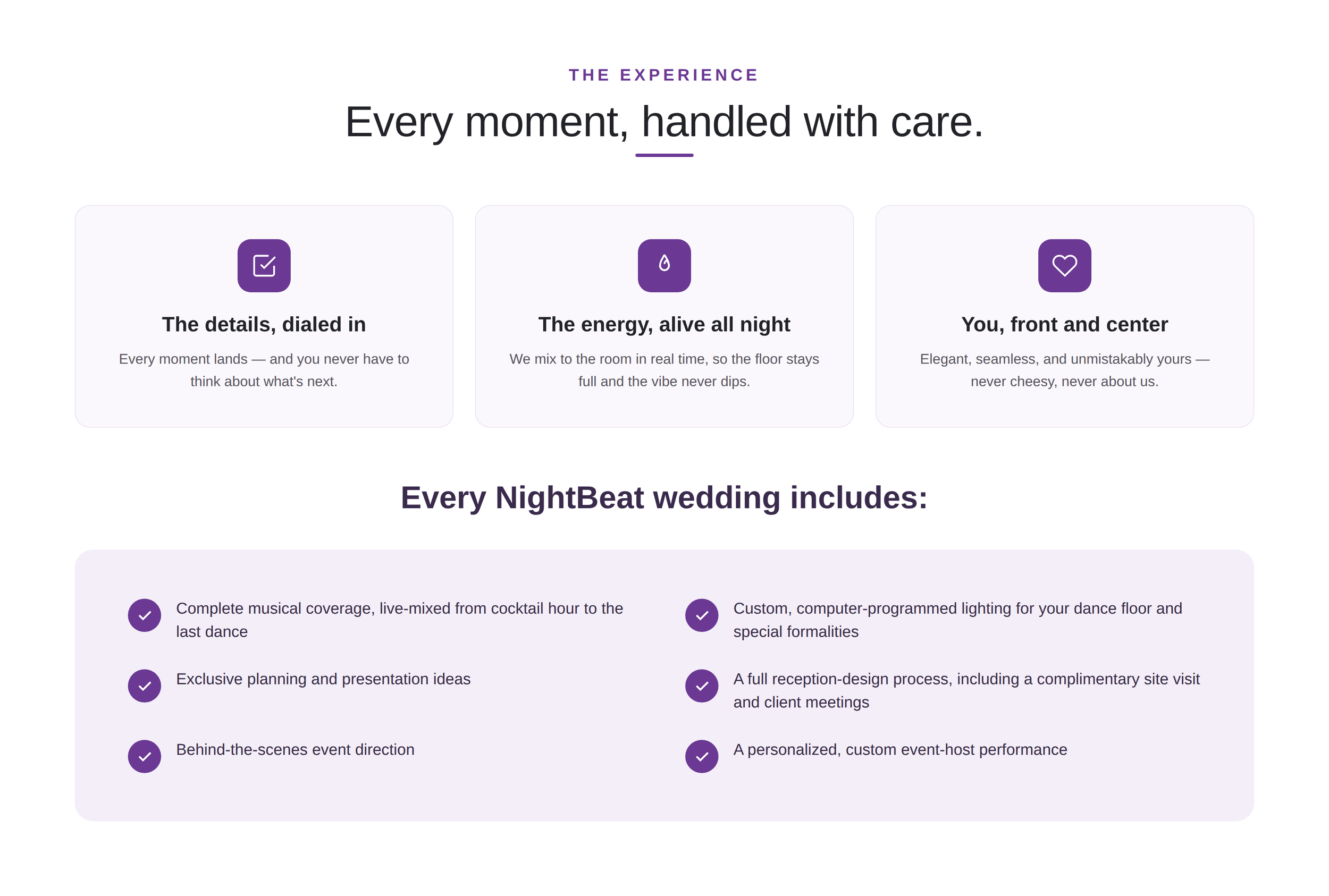 What every NightBeat wedding includes: live-mixed music from cocktail hour to the last dance, planning ideas, event direction, custom lighting, a reception design process and a personalized timeline