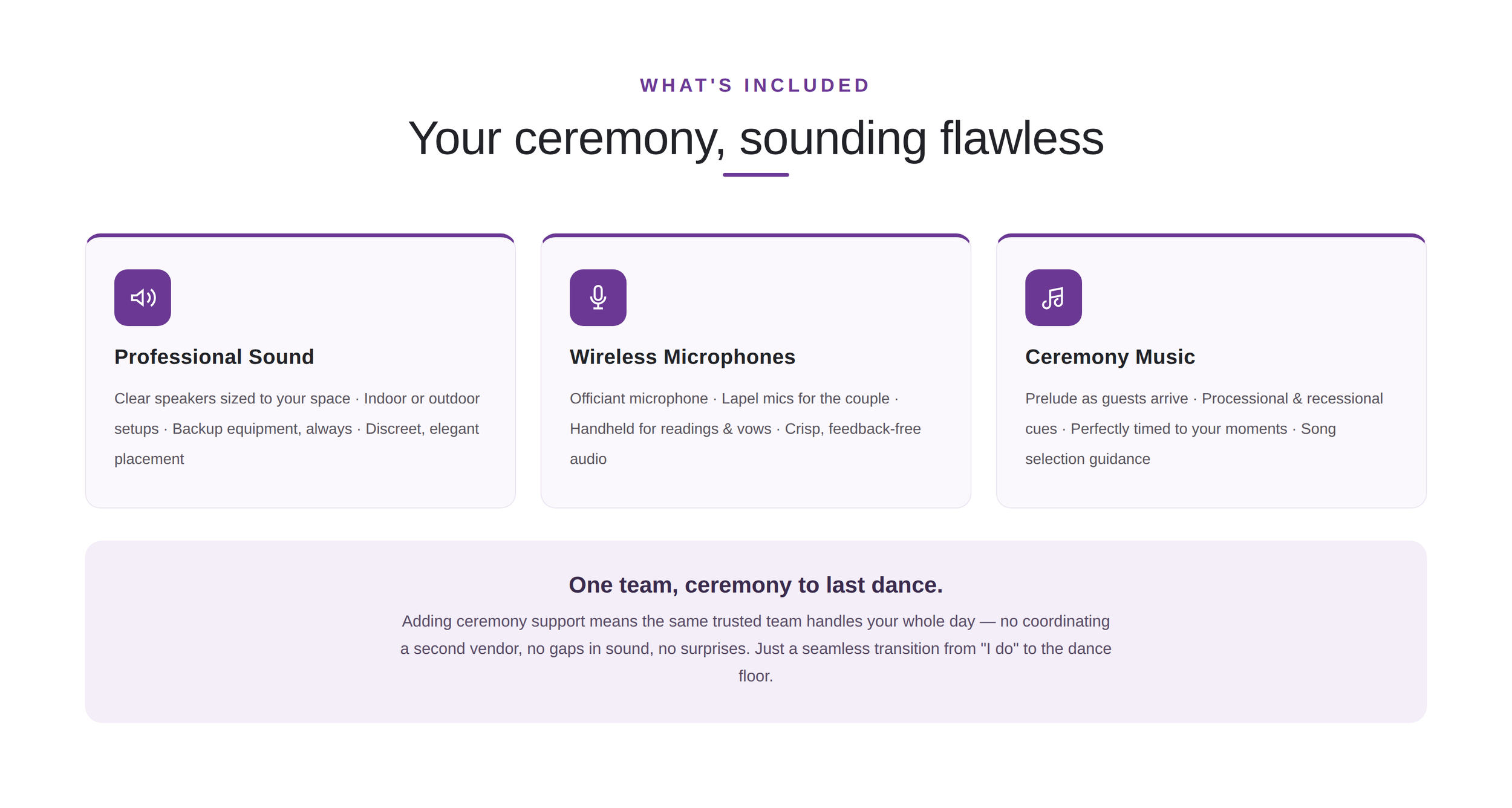 What NightBeat ceremony support includes: professional sound, wireless microphones for the officiant and readers, and ceremony music cued at the right moments