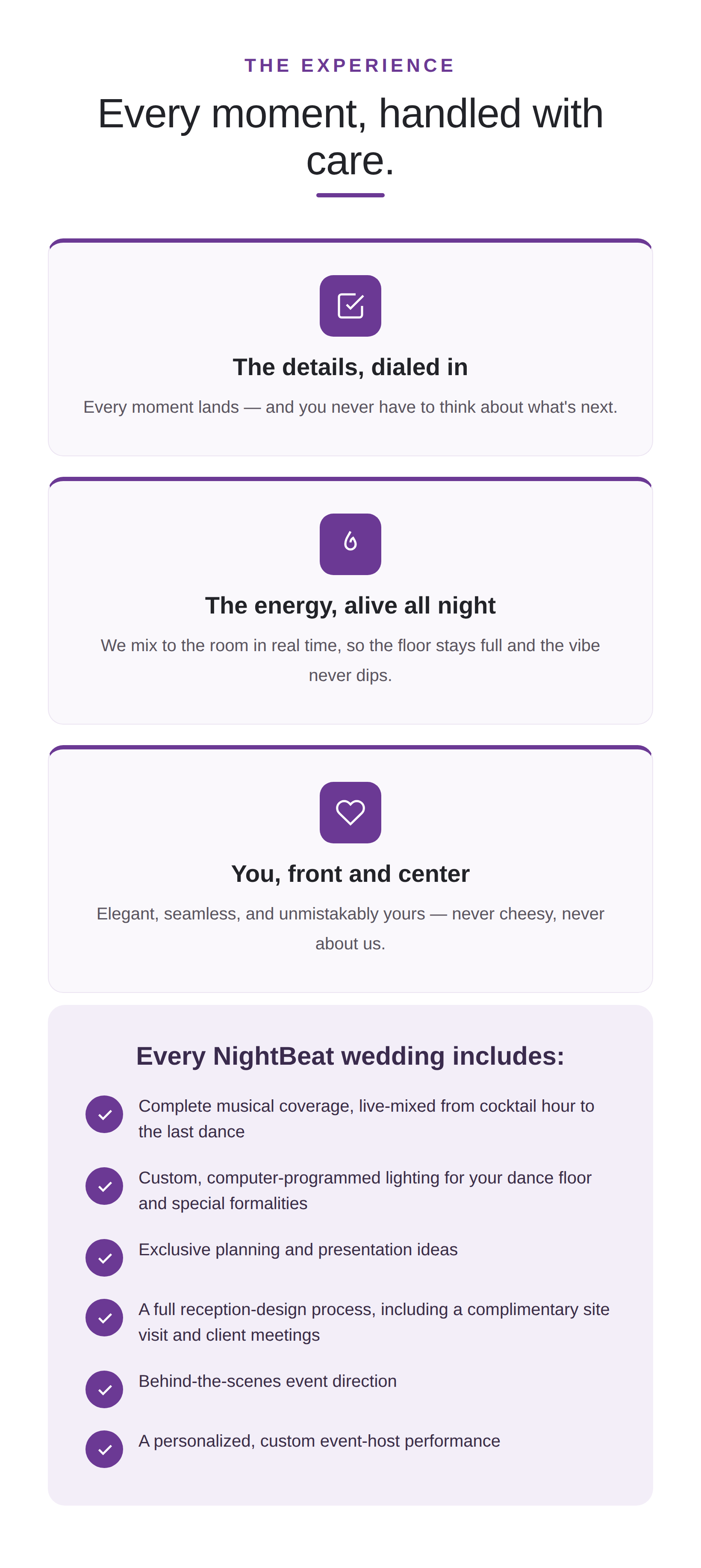 What every NightBeat wedding includes: live-mixed music from cocktail hour to the last dance, custom lighting, planning ideas, a reception design process, event direction and a personalized event-host performance
