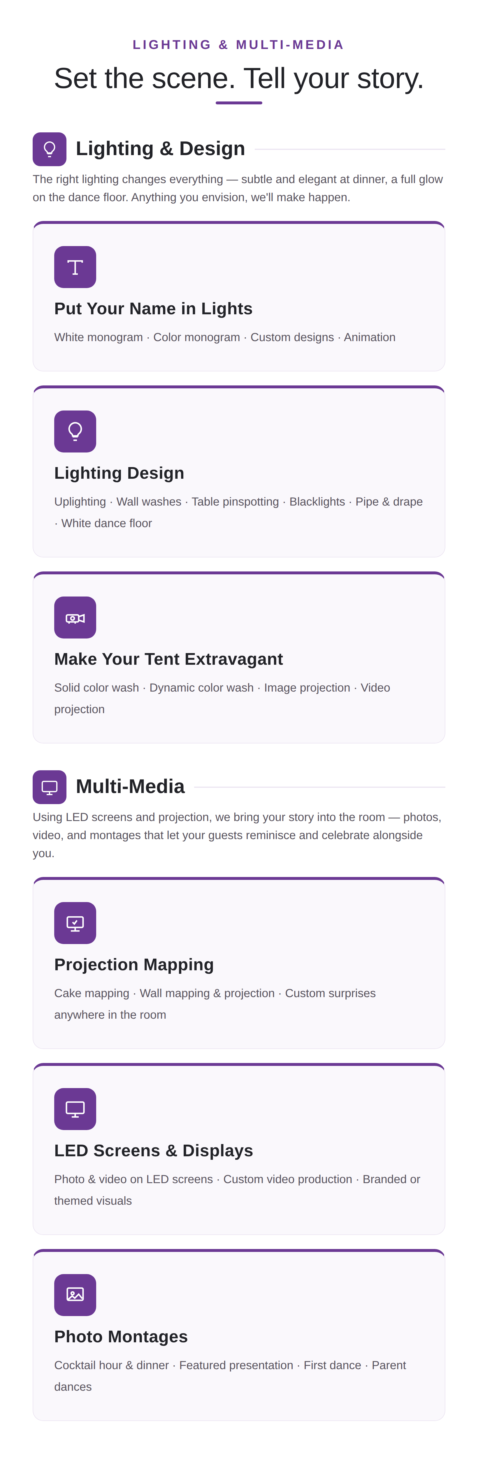 NightBeat lighting and multi-media services: monograms, uplighting, wall washes, pinspotting, tent washes, projection mapping, LED screens and photo montages