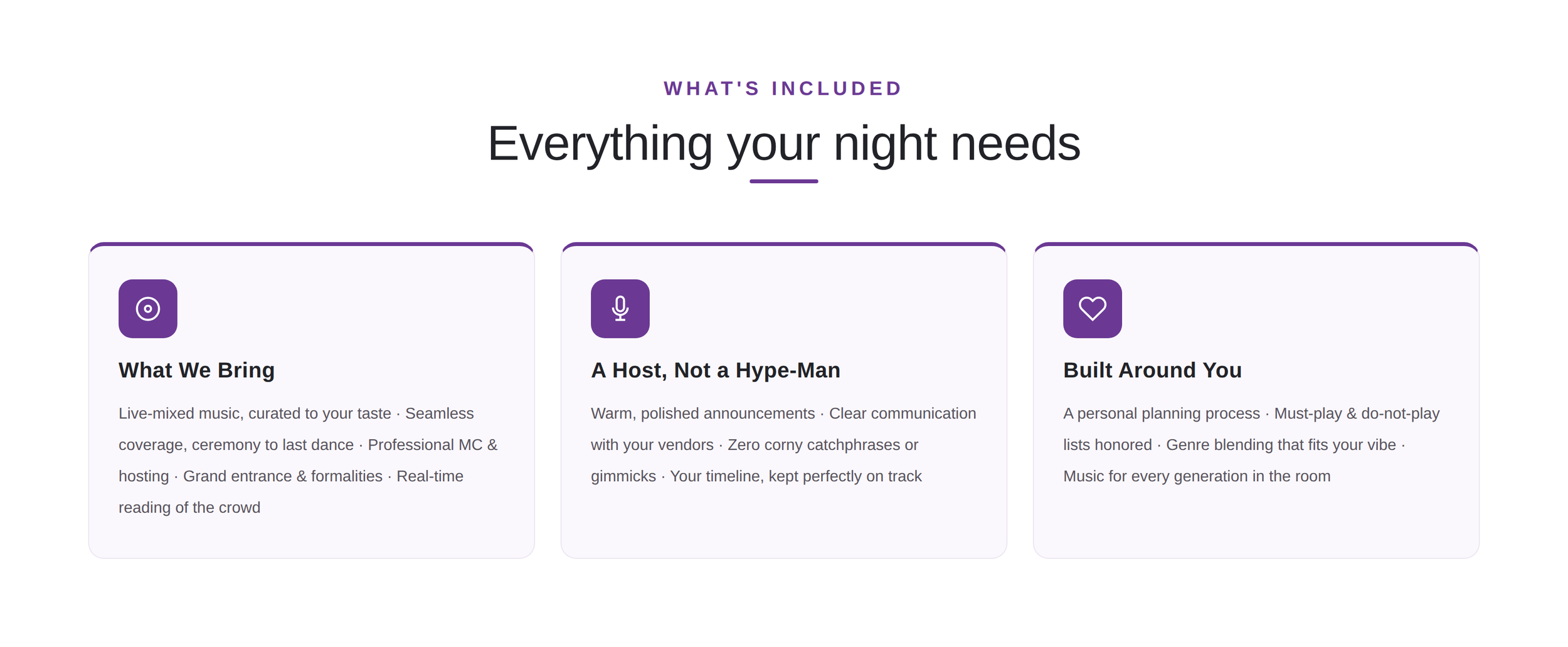 What NightBeat DJ and event hosting includes: live-mixed music curated to your taste, a warm and polished host instead of a hype-man, and a night built around your must-play and do-not-play lists