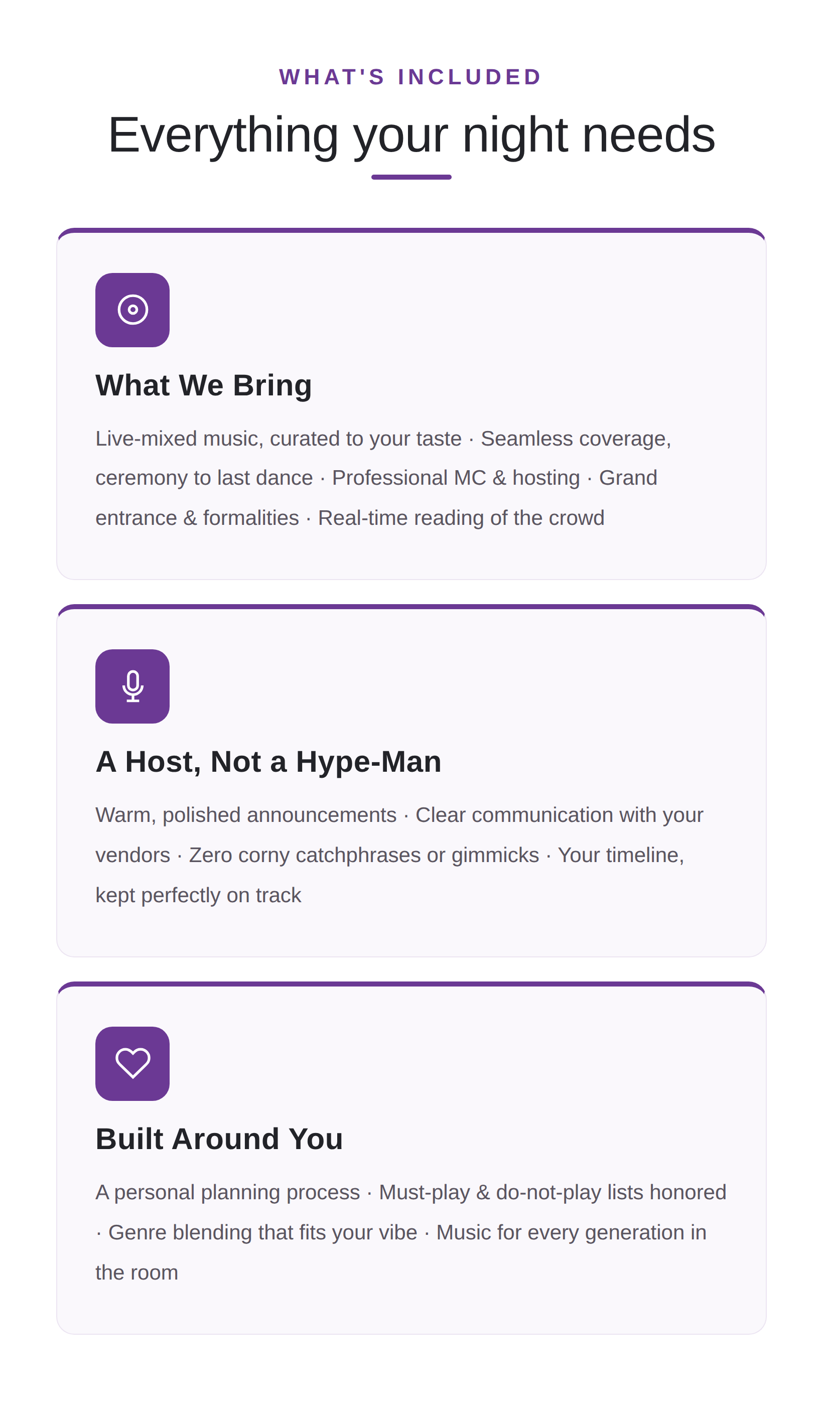 What NightBeat DJ and event hosting includes: live-mixed music curated to your taste, a warm and polished host instead of a hype-man, and a night built around your must-play and do-not-play lists