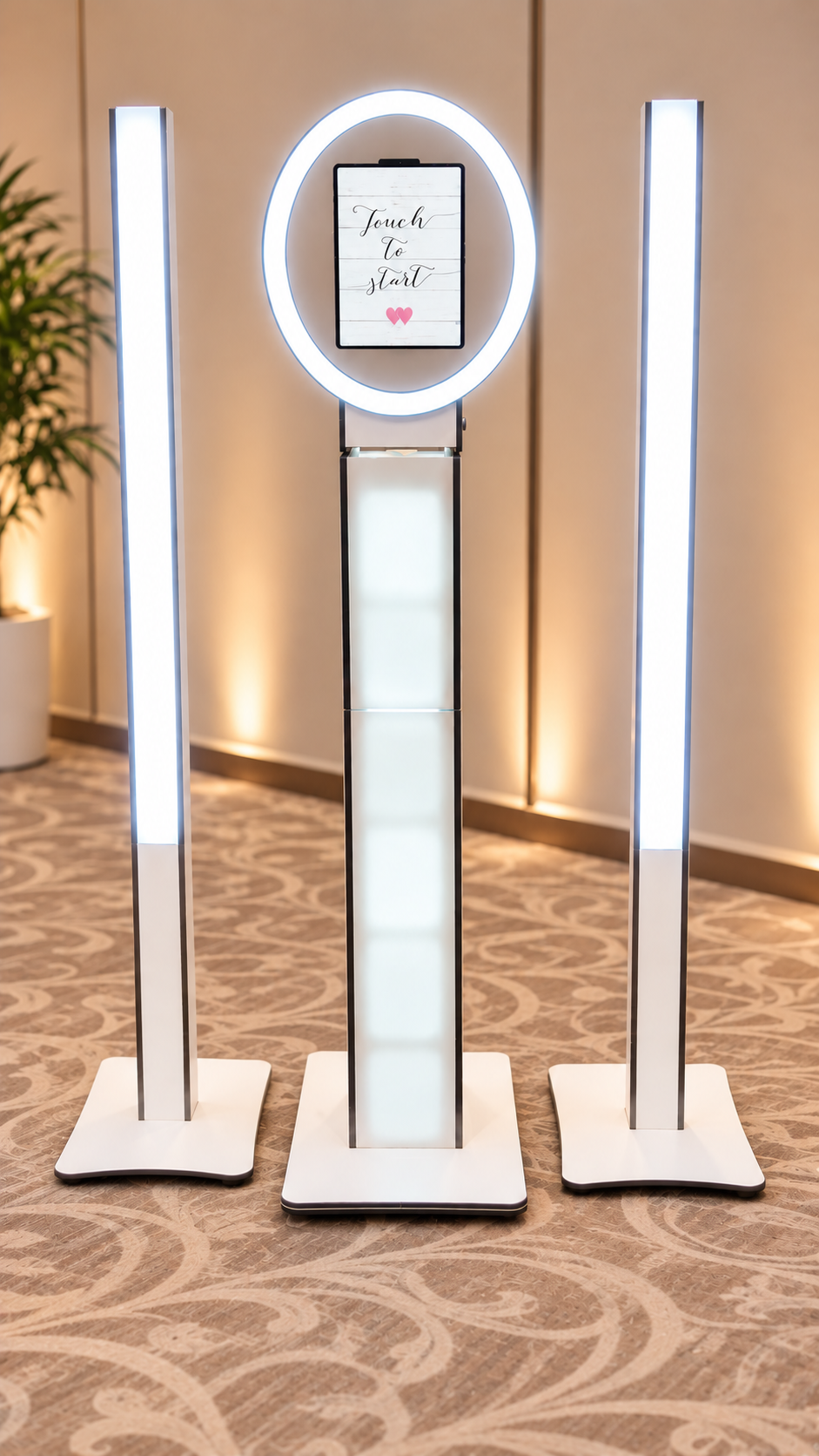 NightBeat Selfie Station photo booth with a ring light and LED light columns