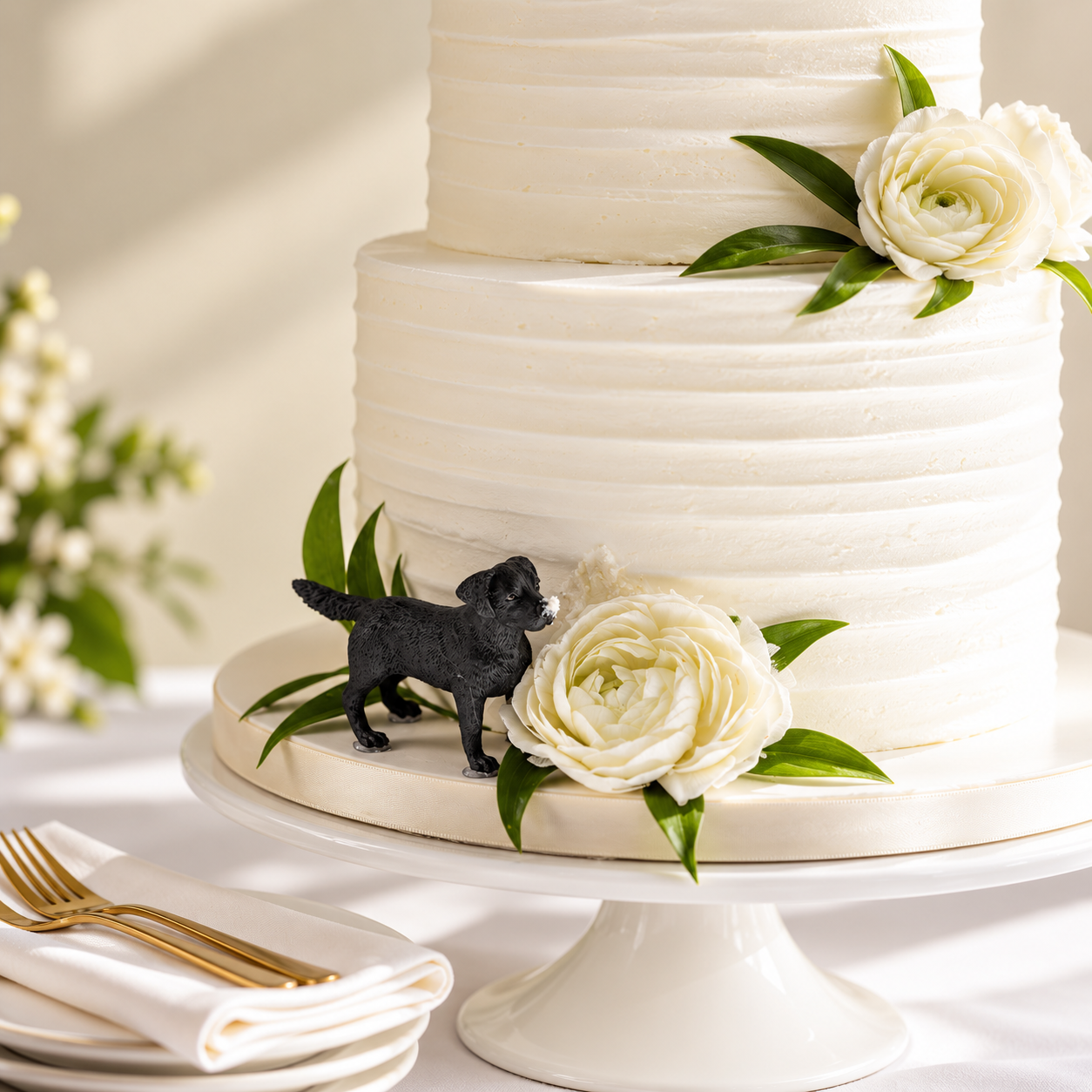 Elegant Wedding Cake with Floral Dog Topper.png