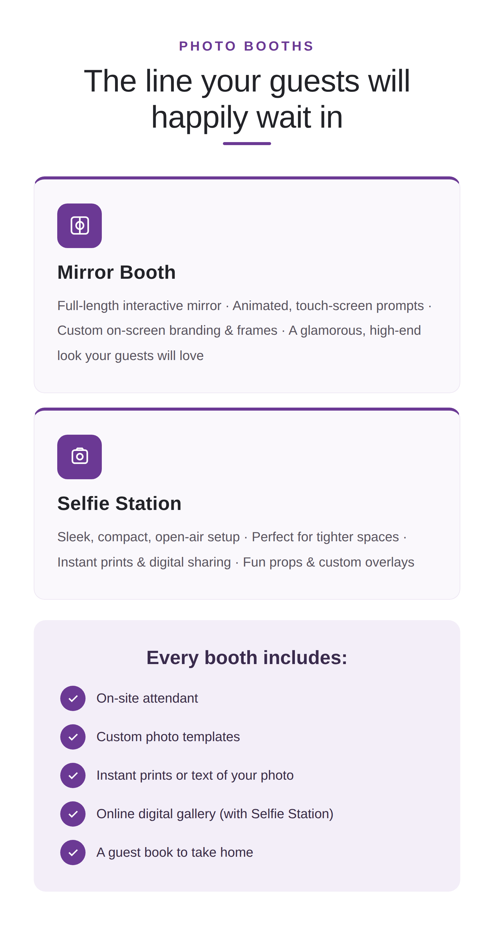 NightBeat photo booths: the Mirror Booth and the Selfie Station, each with an on-site attendant, custom templates, instant prints or texts, an online gallery and a guest book