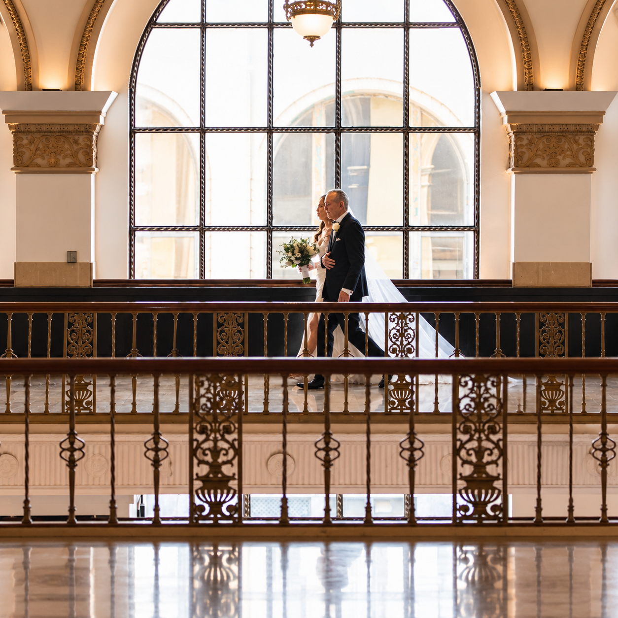 Elegant Bridal Procession in a Historic Hall.png