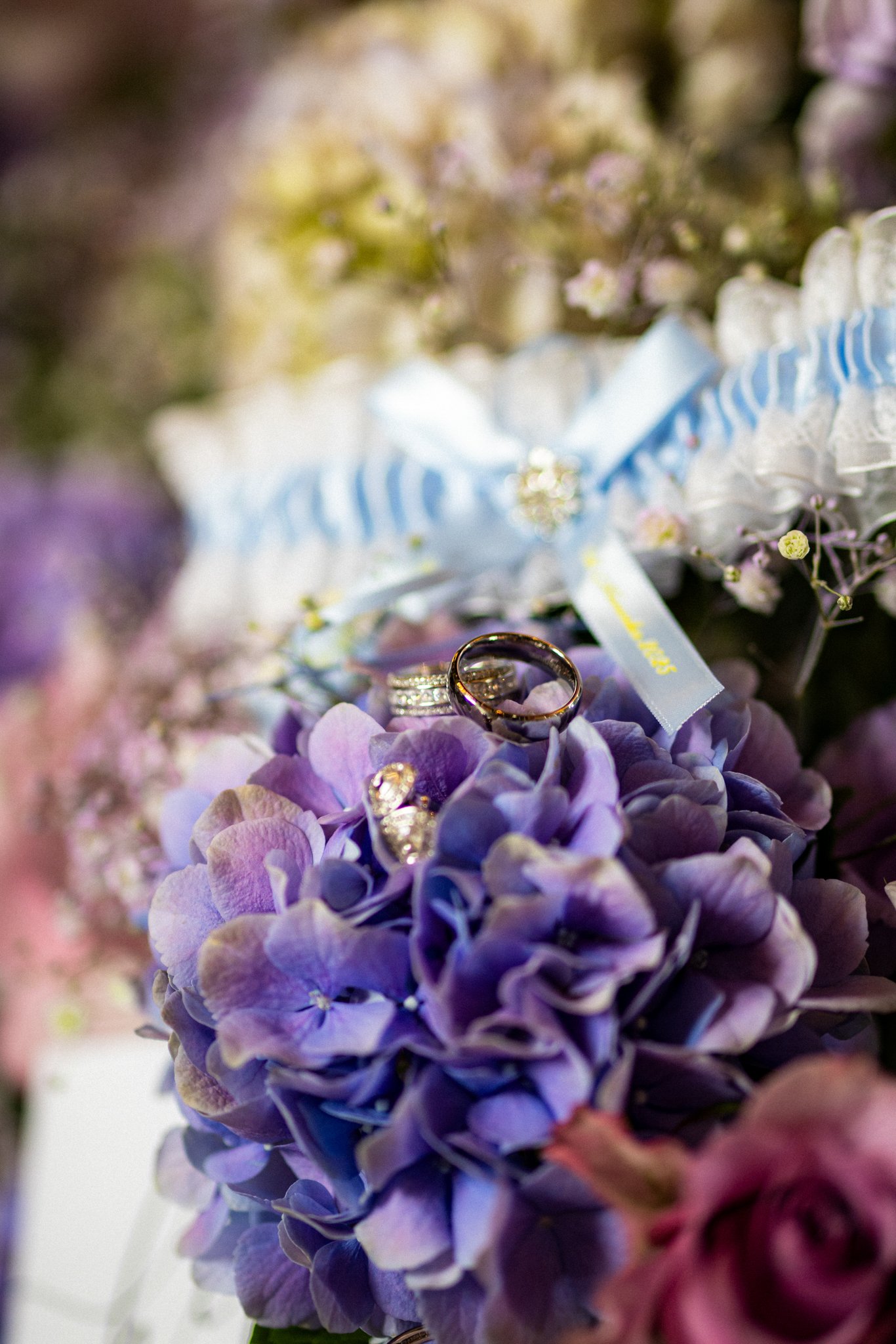 Close-up of purple hydrangea flowers with wedding rings placed among the petals.