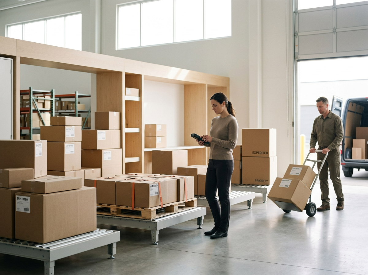 Two workers in a warehouse managing boxes of parcels. One woman is looking at her phone, and a man is pushing a cart loaded with boxes.