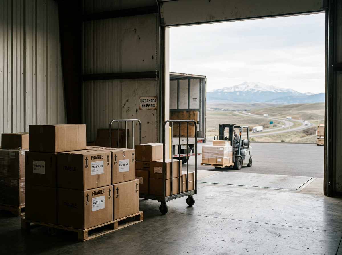 View of a distribution warehouse with boxes labeled "Fragile" and a forklift outside moving pallets of boxes, with a mountain landscape and highway in the background.