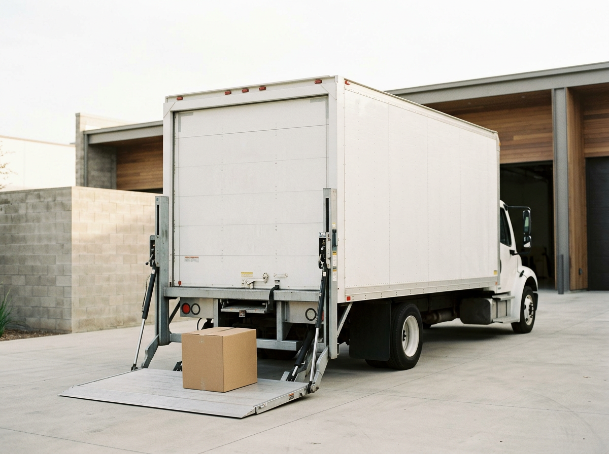 White delivery truck with a rear lift gate, parked outside a modern building, with a cardboard box on the ramp.
