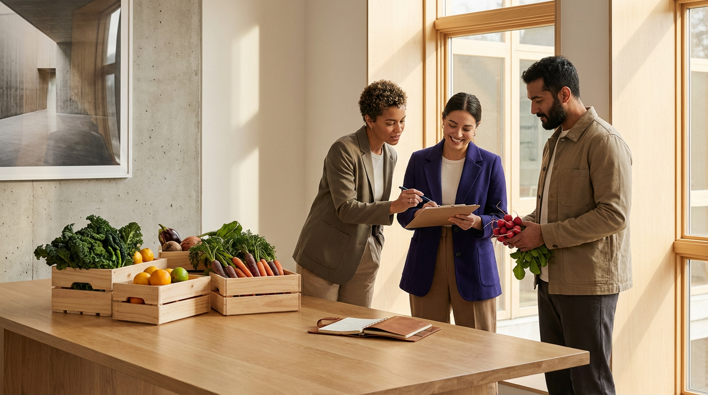 Three people standing around a wooden table with crates of fresh vegetables, engaged in discussion, with one holding a bunch of radishes and another writing on a clipboard.