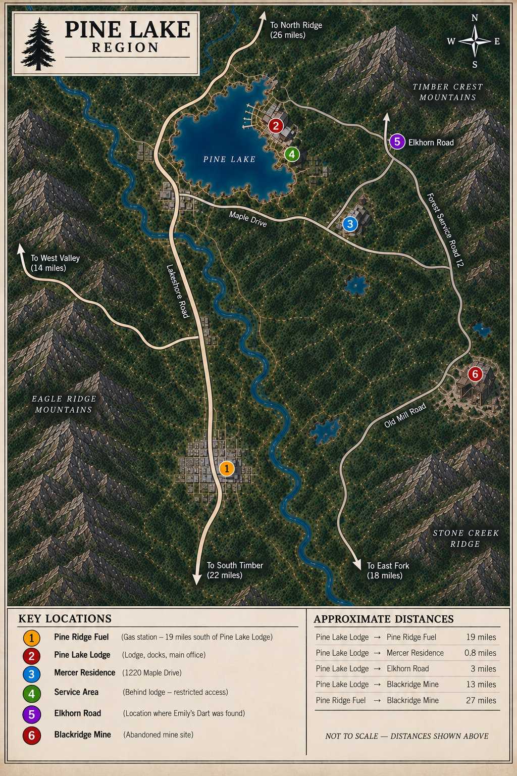 Map of Pine Lake Region showing key locations: Pin Ridge Fuel (orange marker), Pine Lake Lodge (red marker), Mercer Residence (blue), Service Area (green), Elkhorn Road (purple), Blackridge Mine (maroon). Roads lead to nearby areas, with marked distances and mountains surrounding the lake.