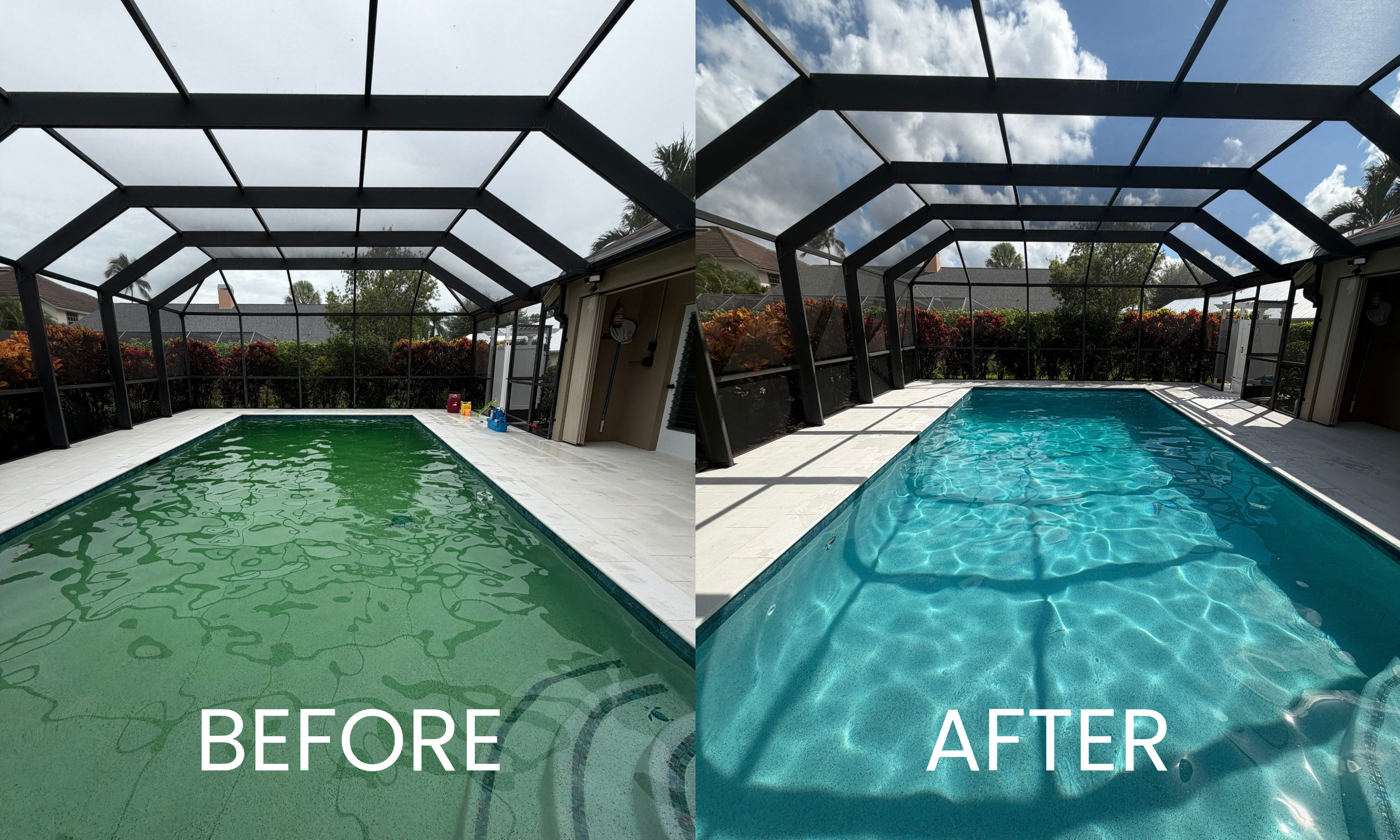 Comparison of a backyard pool enclosure before and after cleaning, showing clear differences in water clarity and cleanliness.