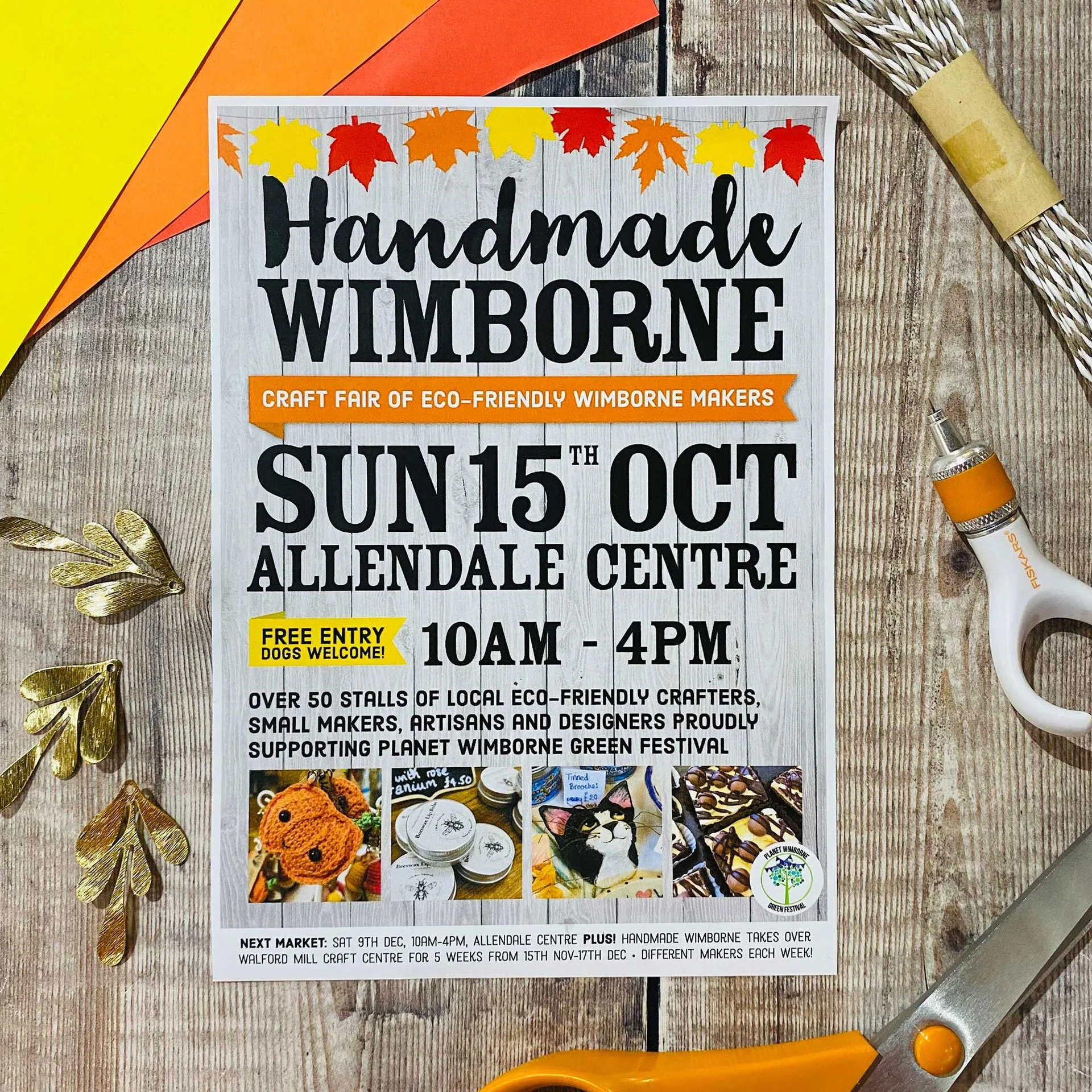 Flyer for a craft fair 'Handmade Wimborne' featuring handmade, eco-friendly crafts. Decorations include autumn leaves, gold-colored metal leaves, and crafting tools and items such as a glue gun, a yarn bundle, and photographs of craft projects.