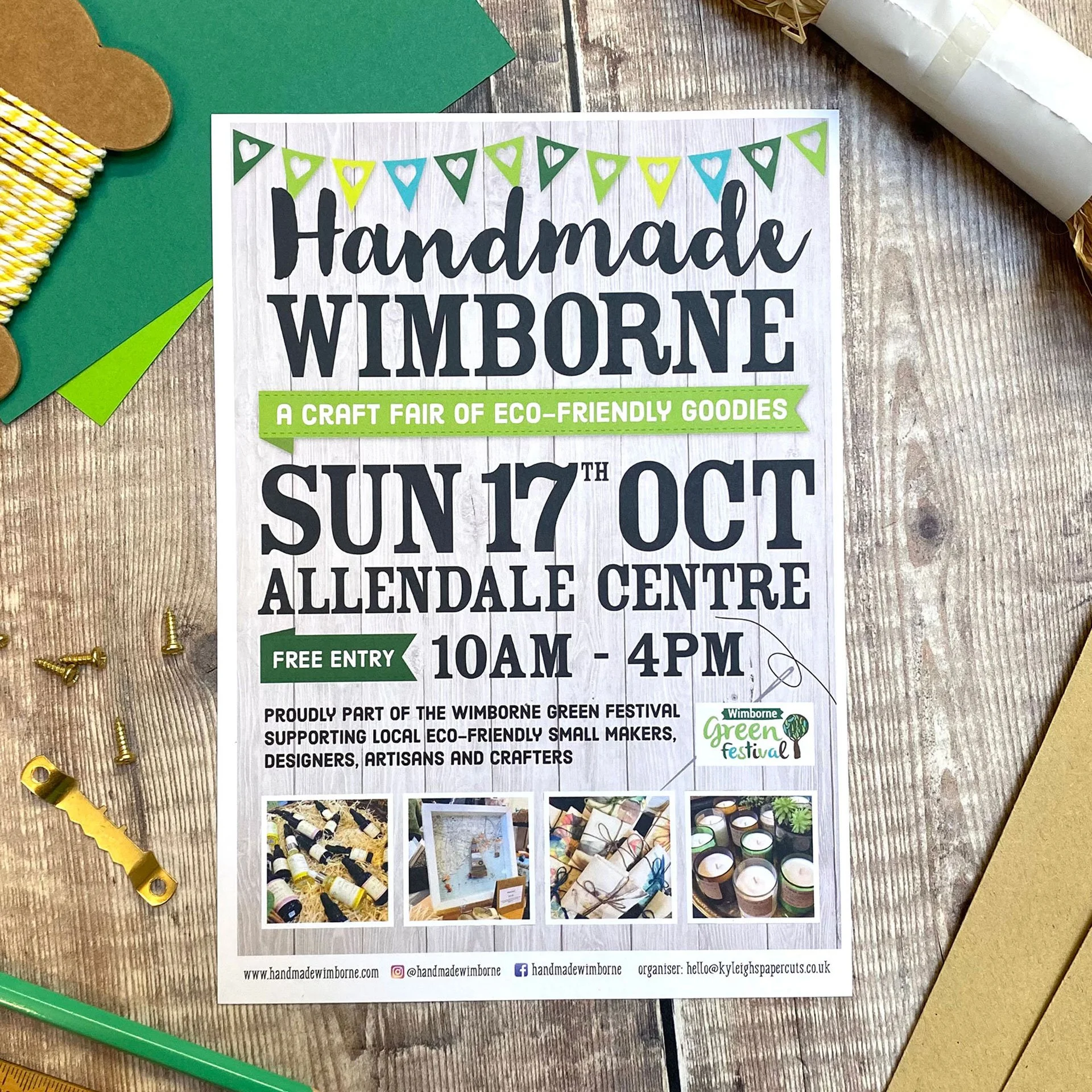 Flyer for Handmade Wimborne Craft Fair during Wimborne Green Festival promoting eco-friendly handmade goods at the Allendale Centre, supporting local small makers, designers, artisans, and crafters.