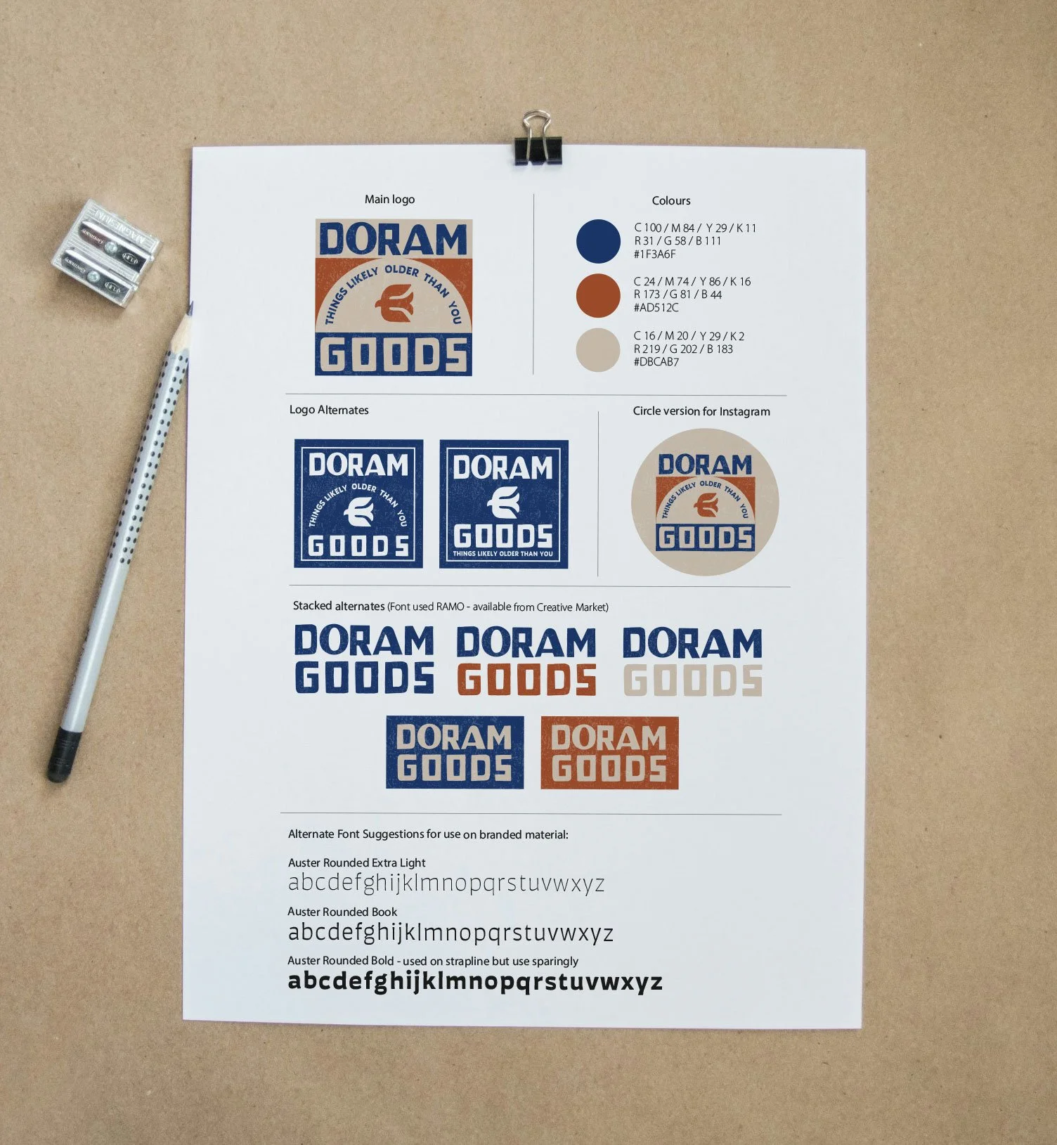 A printed brand guideline sheet for DORAM GOODS showing logo variations, color codes, and font suggestions, placed on a beige surface with a black and white polka dot pen and two gray erasers nearby.